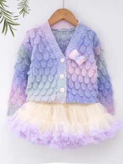 2 pièces/set Jeune fille Gilet à manches longues dégradé + Jupe en tricot TUTU, Automne/Hiver